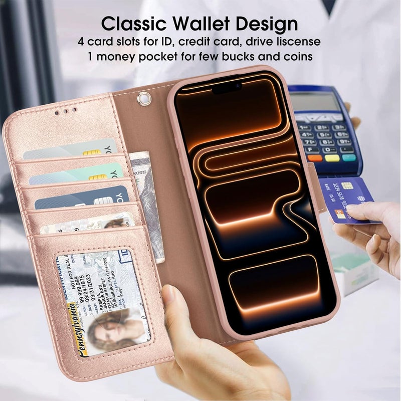Arae Compatible with iPhone 17 Pro Max Case Wallet with Card Holder, Wristlet Strap Wallet Flip Cover for iPhone 17 Pro Max 6.9 inch Men/Women, RFID Blocking, Kickstand, Rose Gold - Image 3